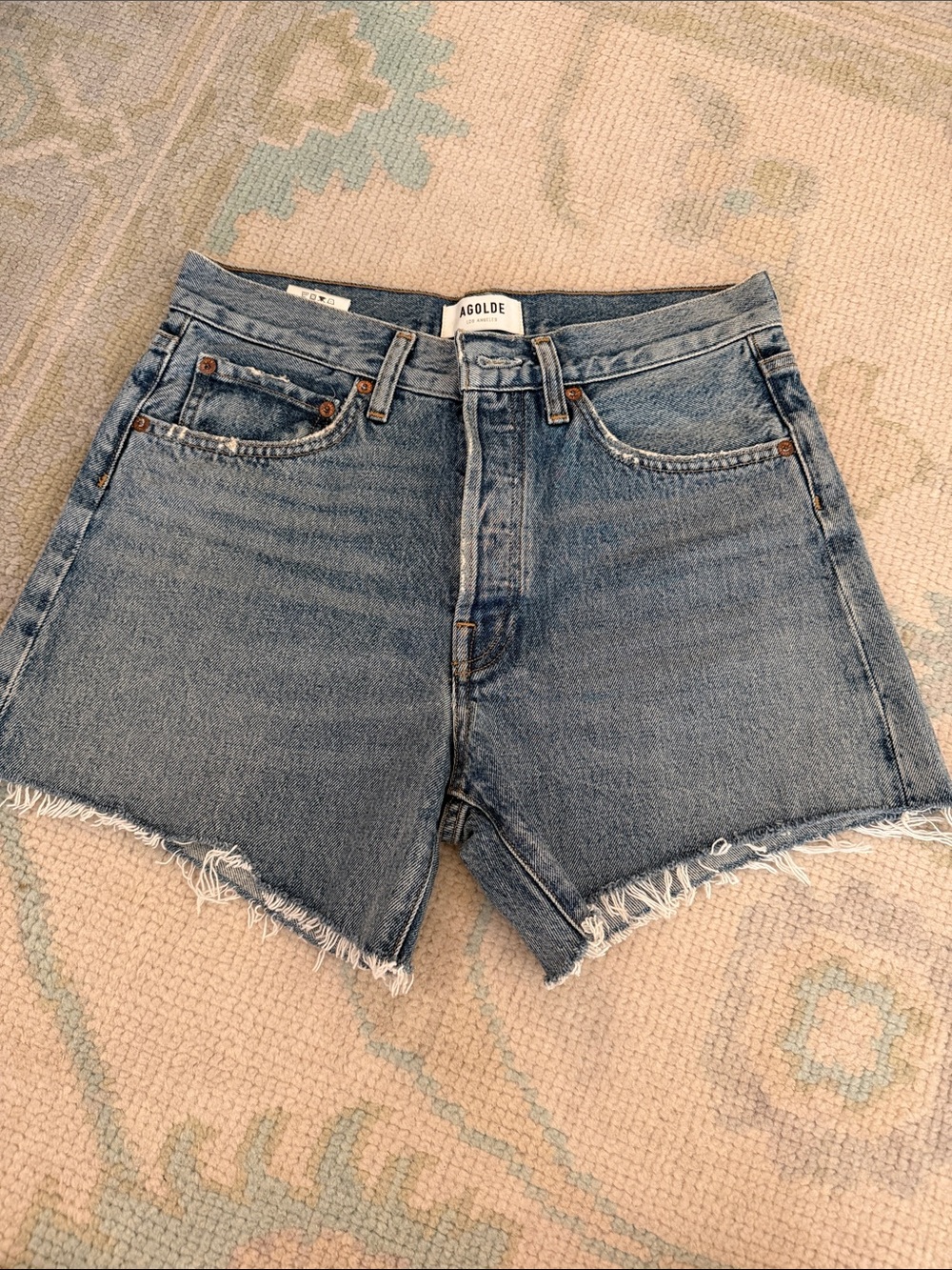Agolde Raw Hem Parker Long Denim Shorts in Light Blue